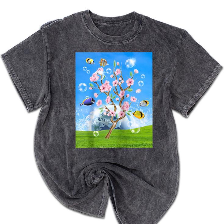 Frutiger Aero Aesthetic Tech Cherry Blossom Fishes Bubbles Raglan Baseball Tee Mineral Wash Tshirts
