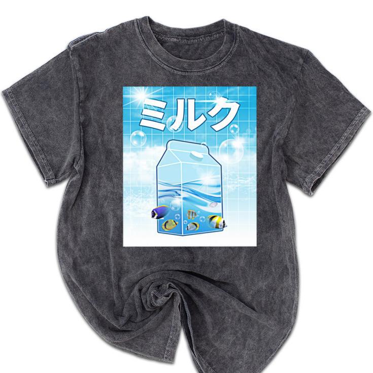 Frutiger Aero Aesthetic Tech Kawaii Milk Underwater Fishes Mineral Wash Tshirts