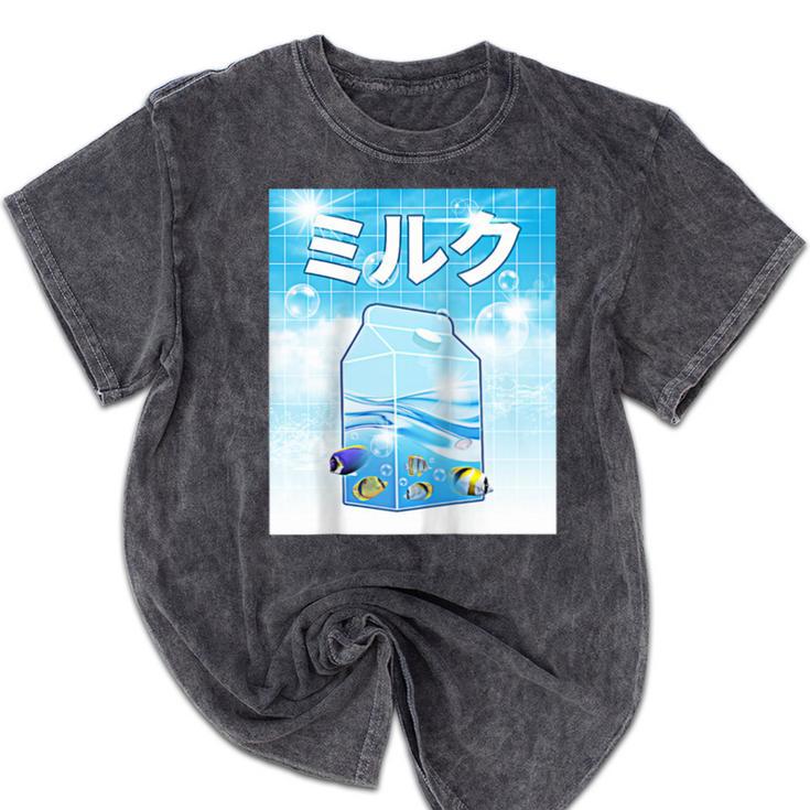 Frutiger Aero Aesthetic Tech Kawaii Milk Underwater Fishes Raglan Baseball Tee Mineral Wash Tshirts