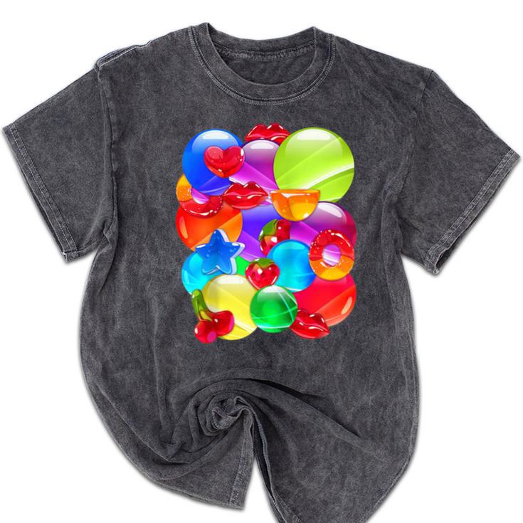 Frutiger Aero Aesthetic Tech Orb Pattern Heart Cherry Lips Raglan Baseball Tee Mineral Wash Tshirts