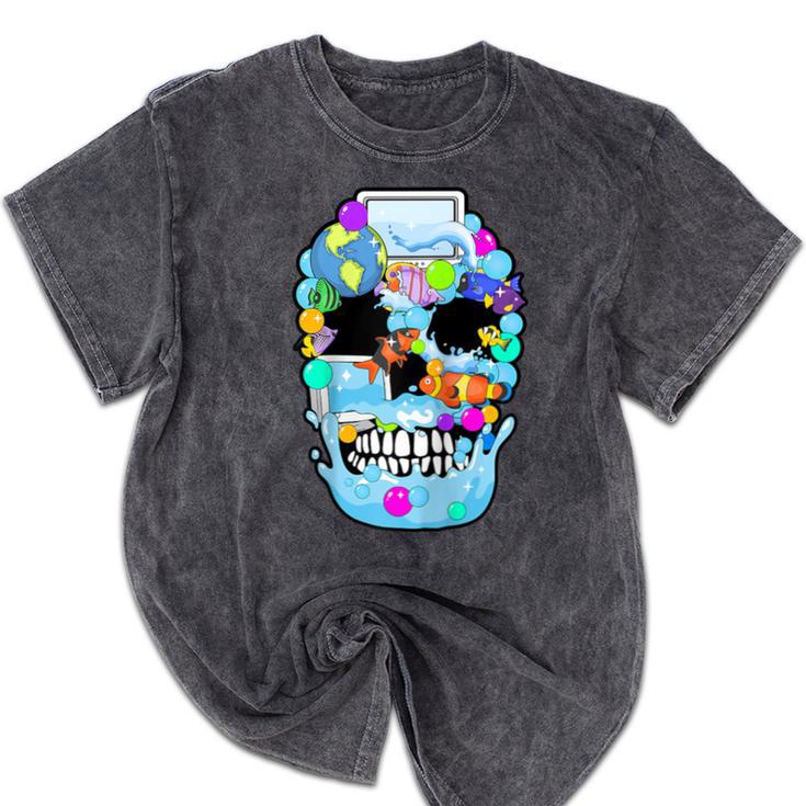 Frutiger Aero Aesthetic Tech Skull Computer Fishes Raglan Baseball Tee Mineral Wash Tshirts