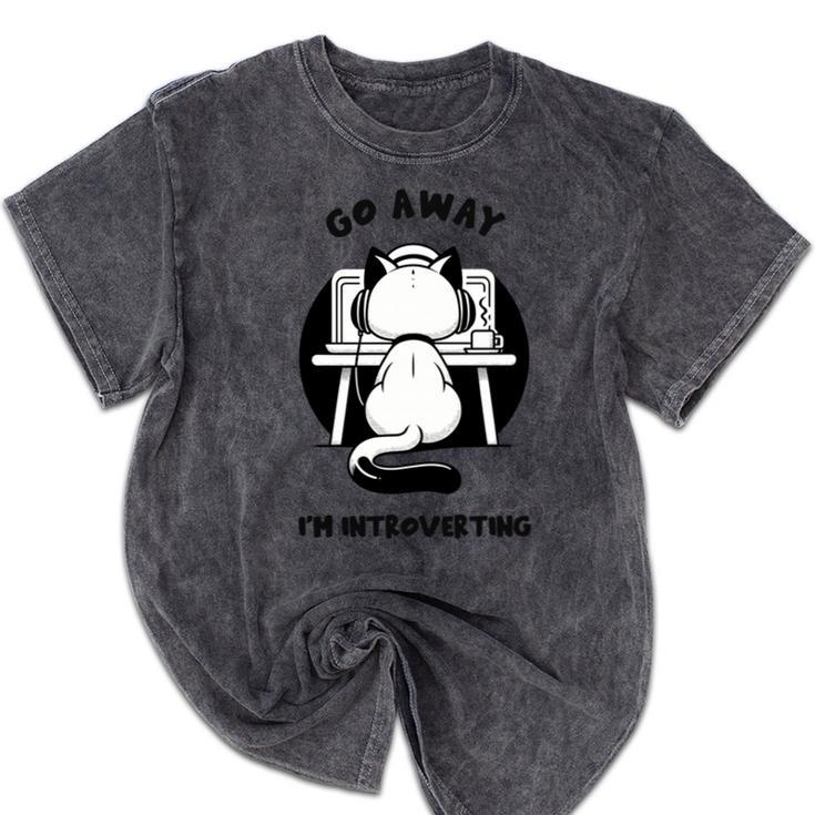 Go Away I'm Introverting Cat With Coffee Mineral Wash Tshirts