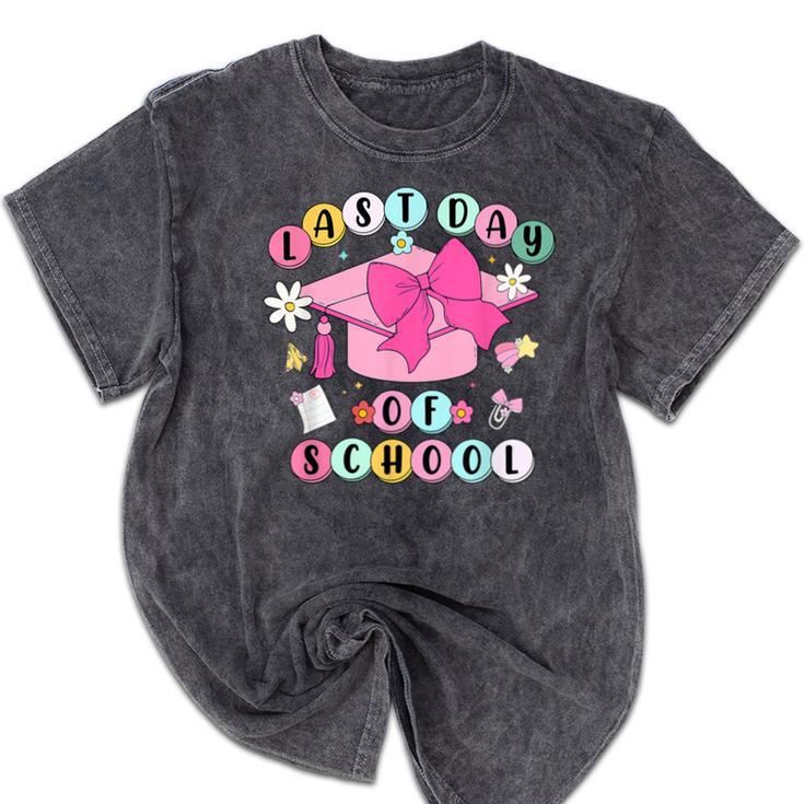 Happy Last Day Of School Coquette Bow Graduation Girls Kids Mineral Wash Tshirts