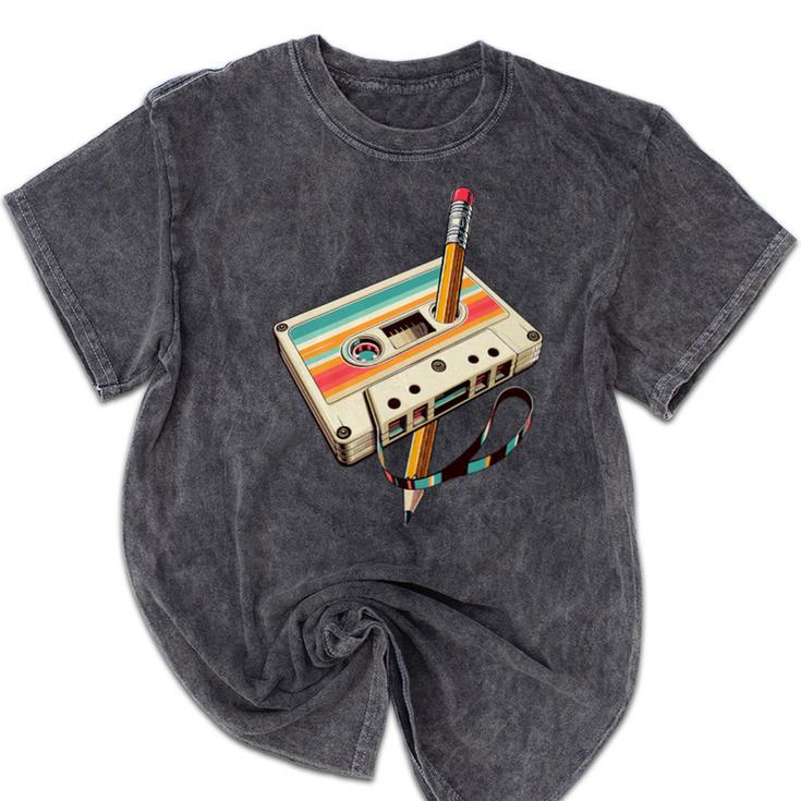 Retro Cassette Tape & Pencil Rewind Nostalgia Party 80s 90s Premium Mineral Wash Tshirts