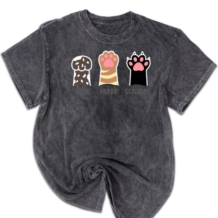 Rock Paper Scissors Hand Game Cute Paw Cat Introvert Mineral Wash Tshirts