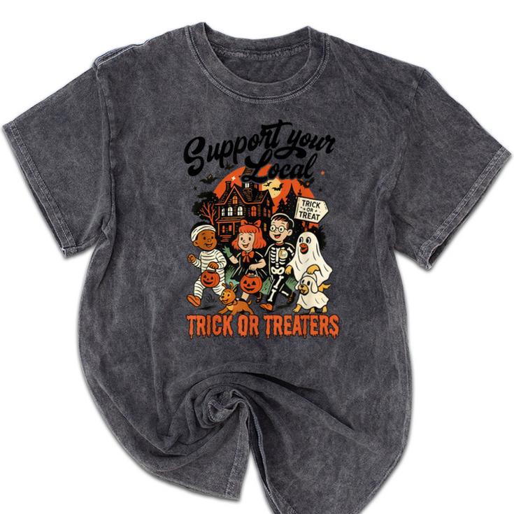 Support Your Local Trick Or Treaters Retro Spooky Nostalgia Mineral Wash Tshirts