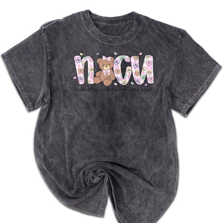 Valentines Day NICU Nurse Cute Bear Neonatal ICU Graduation Mineral Wash Tshirts