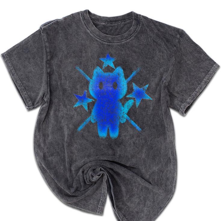 Yk2 Grunge Earthy Blue Cat With Stars Tomboy 90s Nostalgia Premium Tri-Blend Mineral Wash Tshirts