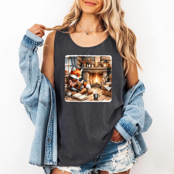 Fox Reads By Fireplace In Cabin Rustic Book Cozy Cup Tea Comfort Colors Tank Top