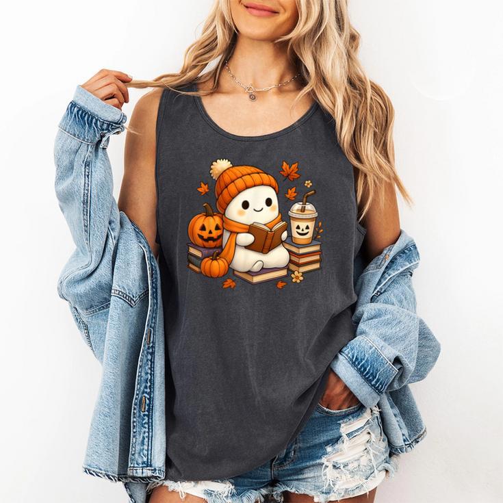 Halloween Ghost Reading Book Lovers Coffee Girl Women Comfort Colors Tank Top