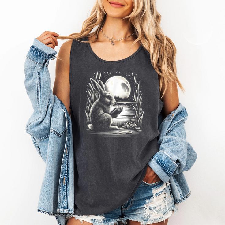 Rabbit Reading Book Full Moon Lake Scenery Comfort Colors Tank Top