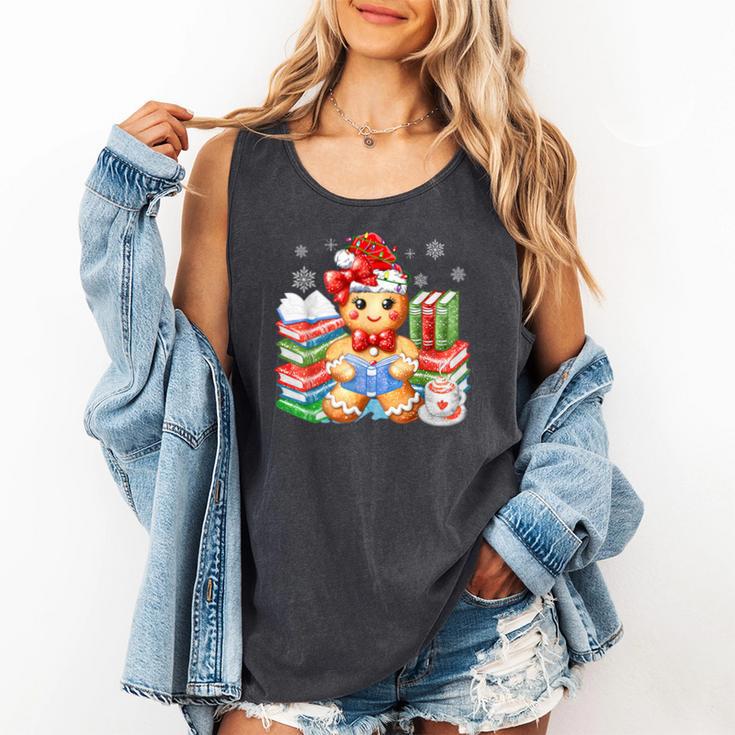 Christmas Gingerbread Man Reading Book Snowflake Teacher Comfort Colors Tank Top