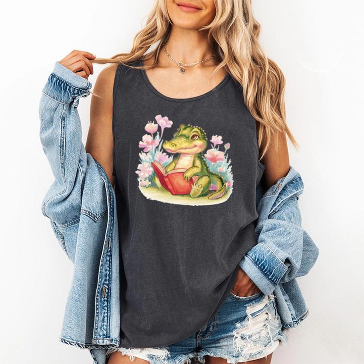 Crocodile Reading Book Watercolor Flowers Kids Comfort Colors Tank Top