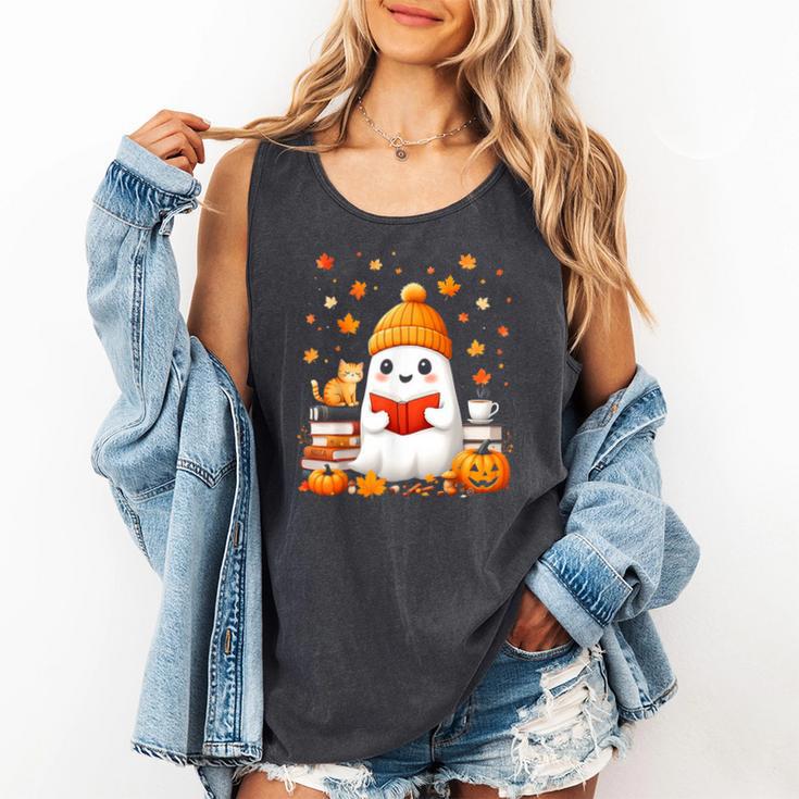 Cute Beanie Ghost Bookworm Cozy Book Reading Halloween Comfort Colors Tank Top