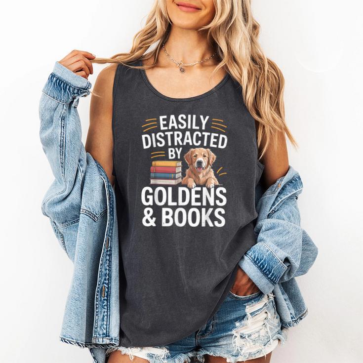 Easily Distracted By Goldens & Books Golden Retriever Dog Comfort Colors Tank Top