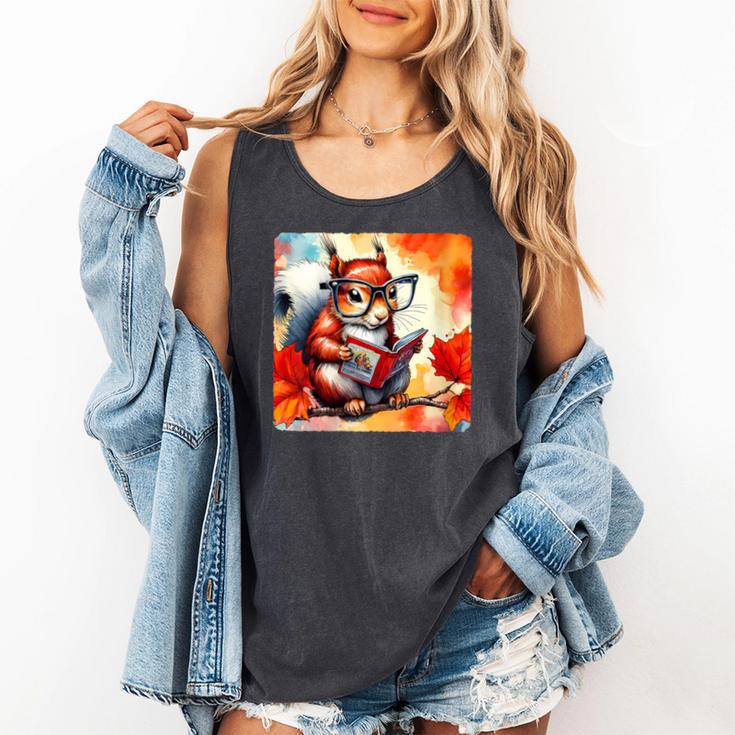 Squirrel Reading Comic Book On Autumn Branch Glasses Leaves Comfort Colors Tank Top