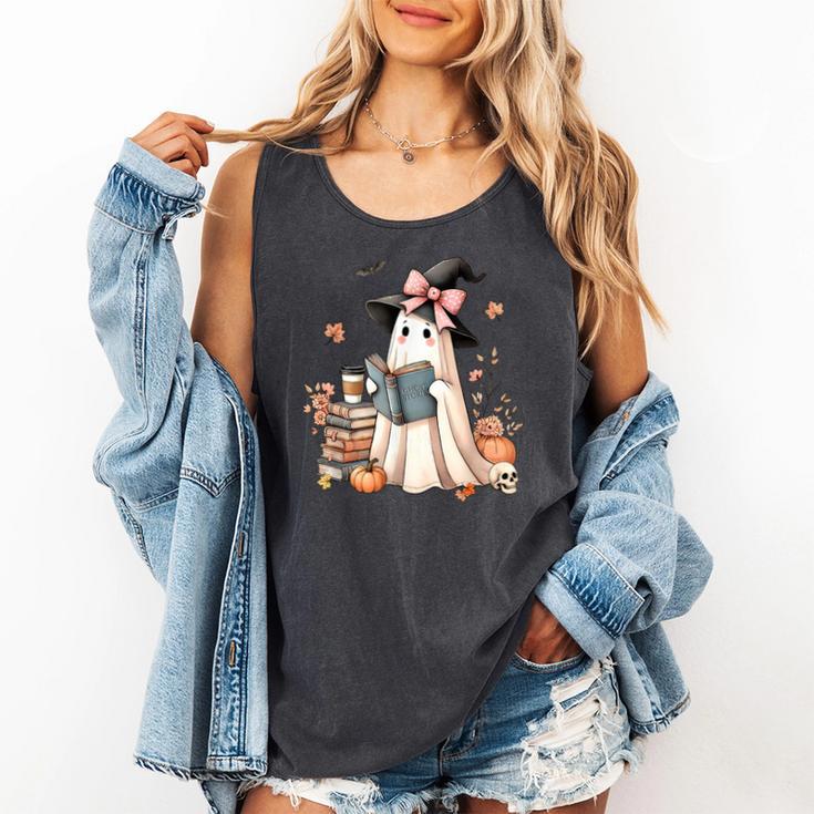Cute Ghost Reading Book Librarian Book Lover Comfort Colors Tank Top