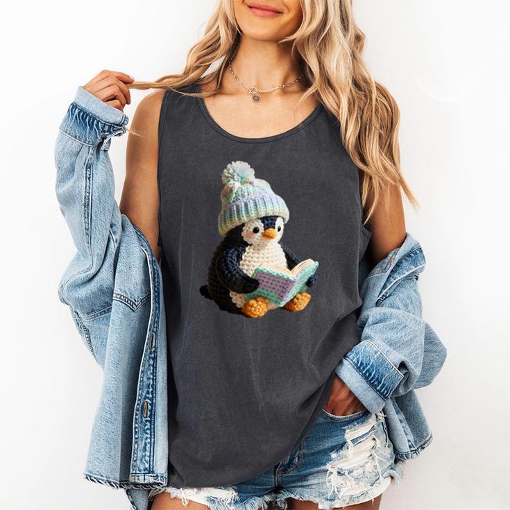 Cute Penguin Reading Book Faux-Crochet Print Comfort Colors Tank Top