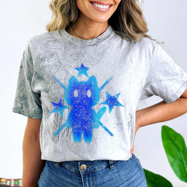 Yk2 Grunge Earthy Blue Cat With Stars Tomboy 90s Nostalgia Premium Tri-Blend Comfort Color Blast T-Shirt