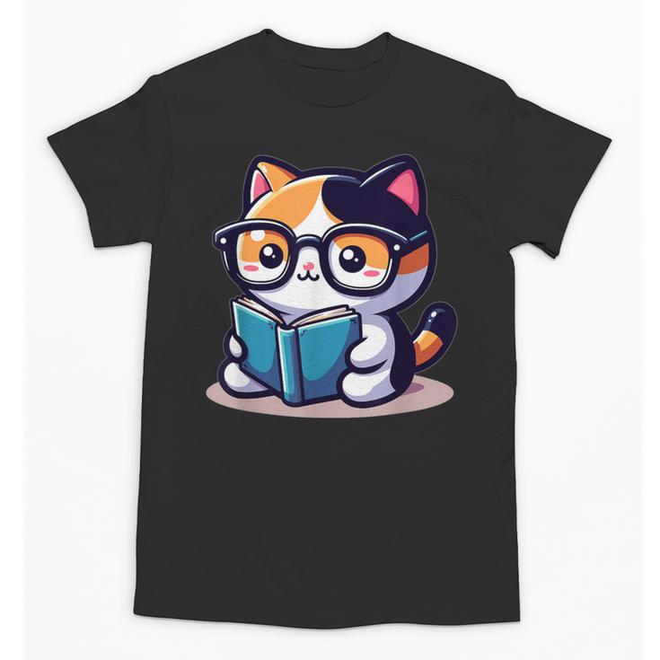 Adorable Book Lover Calico Cat With Reading Glasses Cute For Men Women Kids Unisex T-Shirt