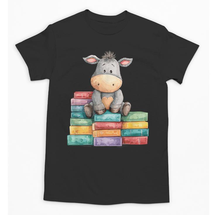 Adorable Donkey With Heart Sitting On Colorful Book Stack Unisex T-Shirt