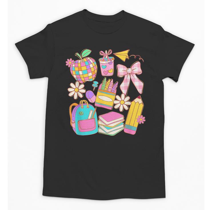 Apple Disco Pencil Books Bow Teacher Student Back To School Unisex T-Shirt