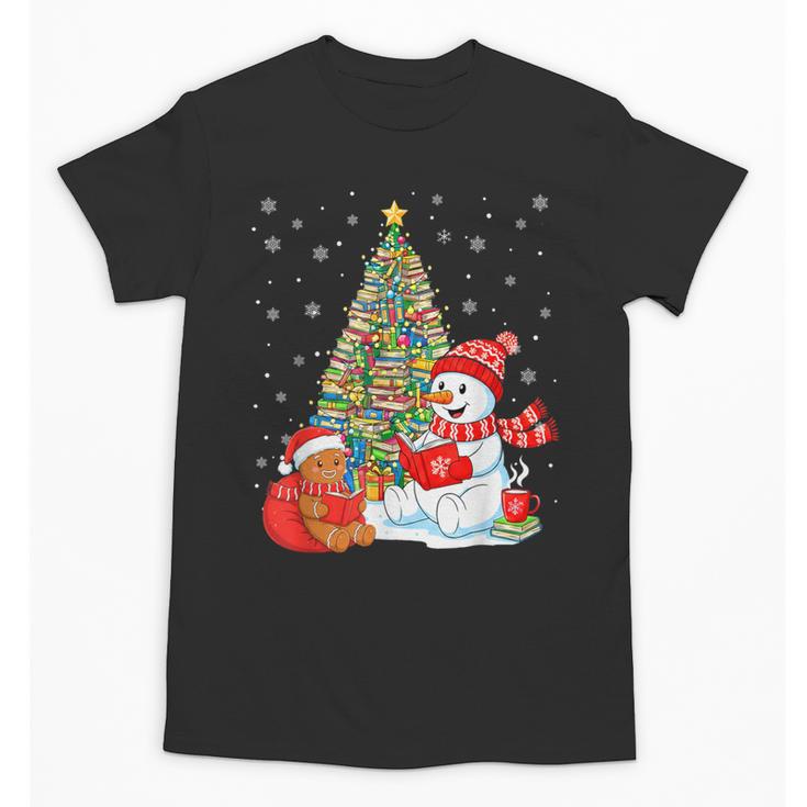 Book Christmas Tree Bookworm Gingerbread Man Snowman Reading Unisex T-Shirt