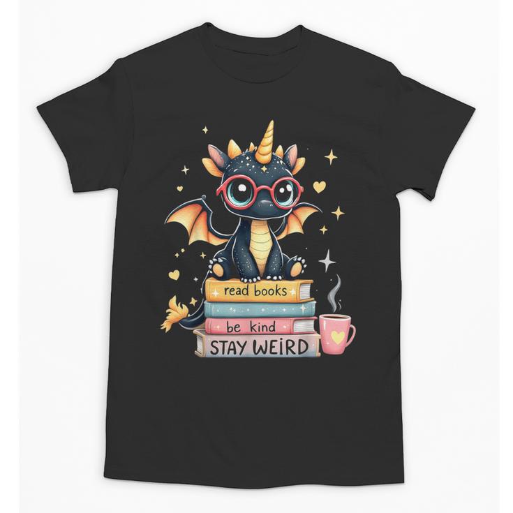 Book Lover Chibi Dragon With Big Red Glasses Bookworm Unisex T-Shirt