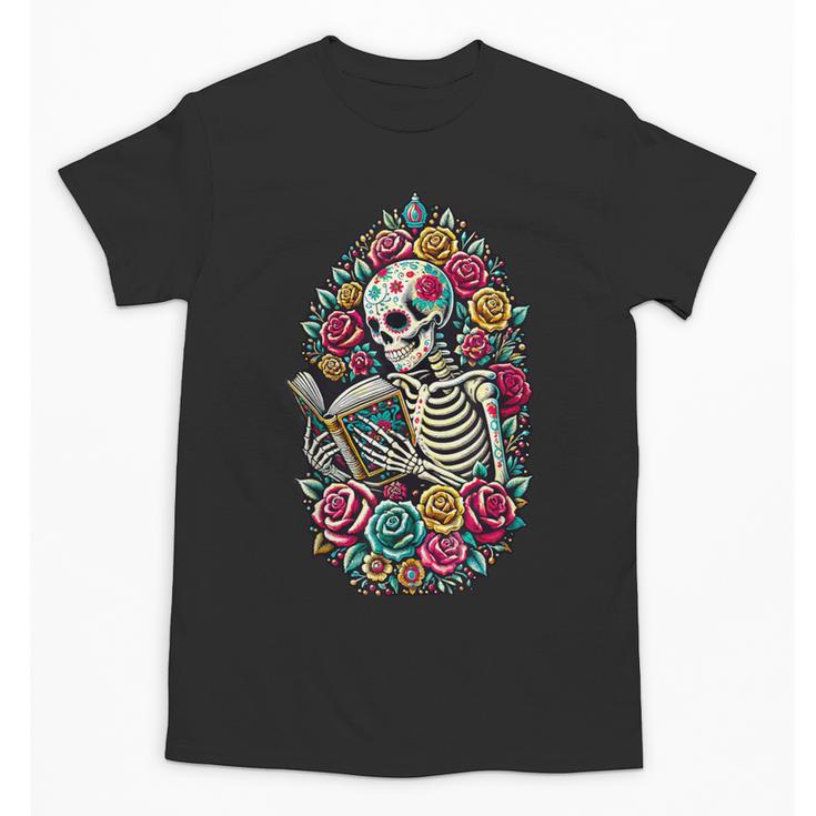 Book Lover Skeleton Reading With Dia De Los Muertos Flowers Unisex T-Shirt