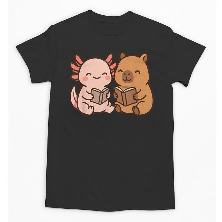 Capybara Axolotl Kawaii Kids Anime Book Lover Reading Unisex T-Shirt