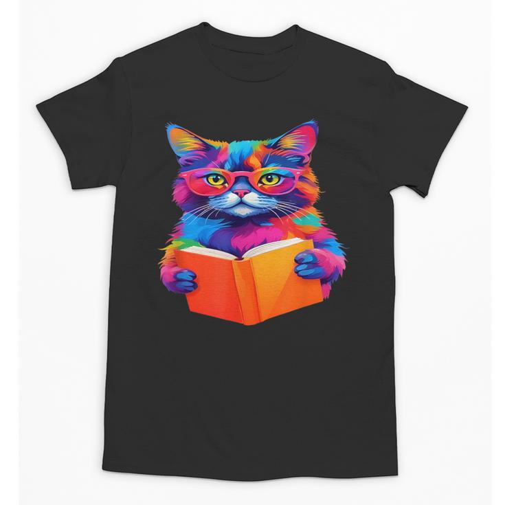 Cat Book Shirt Colorful Cat Reading Book Unisex T-Shirt