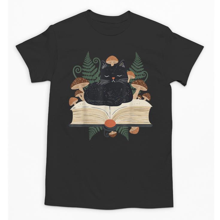 Cat On Open Book Mushrooms Ferns Dark Academia Unisex T-Shirt