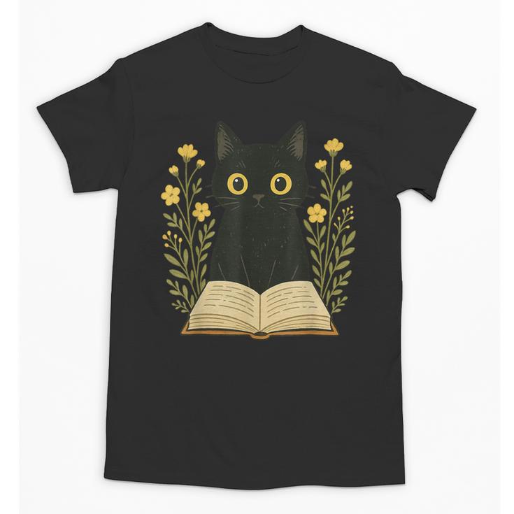 Cat Reading Book Flowers Unisex T-Shirt