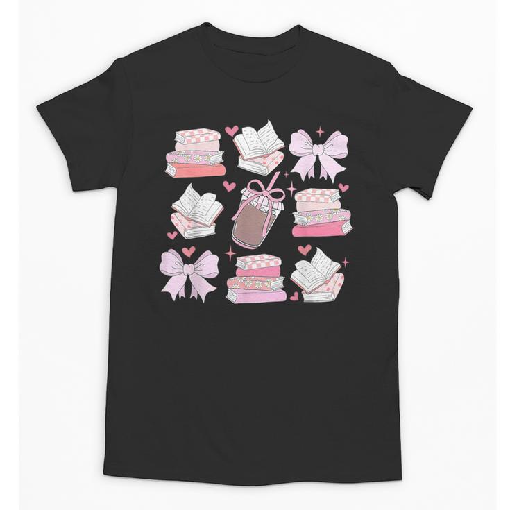 Coquette Bow Book Coffee Valentines Bookish Library Teacher Unisex T-Shirt