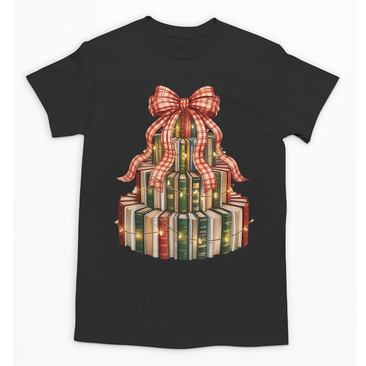 Coquette Christmas Book Tree Xmas Lights Librarian Teacher Unisex T-Shirt