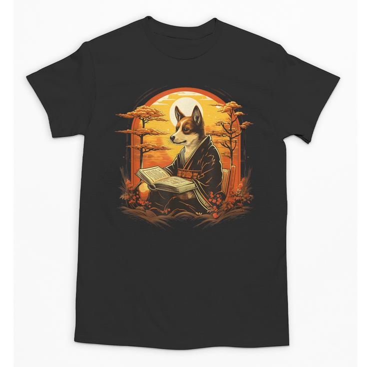 Cute Corgi Dog In Japanese Kimono With Book Men Women Girls Kids Unisex T-Shirt