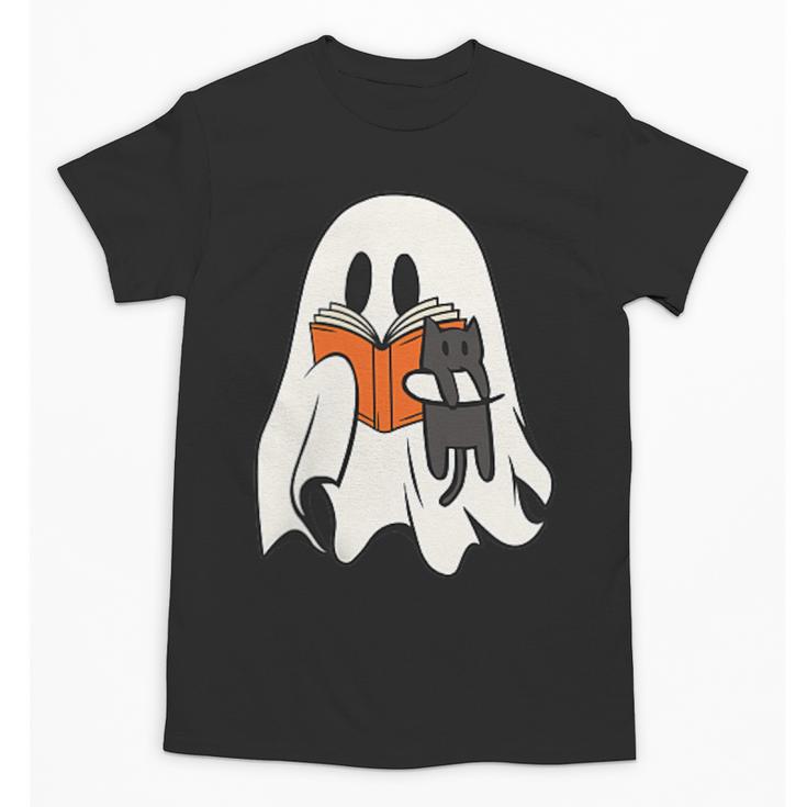 Cute Ghost Cat Reading Book Spooky Season Halloween Costume Unisex T-Shirt