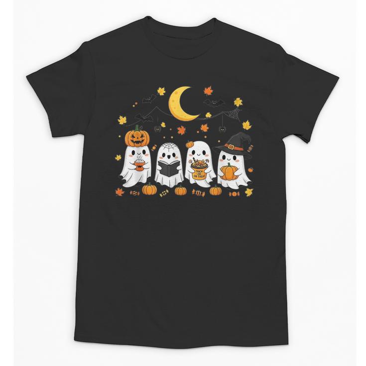 Cute Ghost Drinking Coffee Halloween Fall Ghost Book Reading Unisex T-Shirt