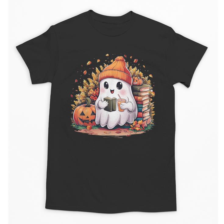Cute Ghost Drinking Coffee Halloween Reading Book Retro Unisex T-Shirt