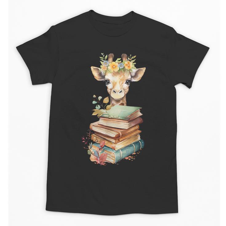 Cute Giraffe With Book Floral Bookworm Librarian Book Lover Unisex T-Shirt