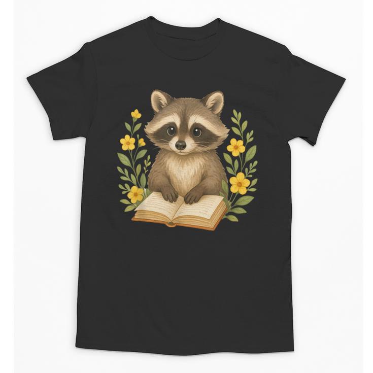 Cute Raccoon Reading Book Flowers Floral Unisex T-Shirt