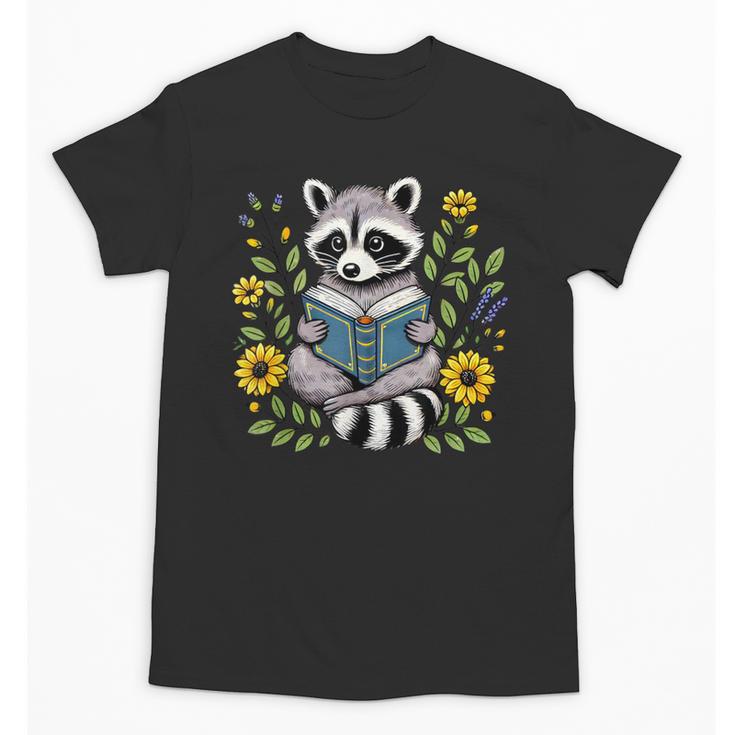 Cute Raccoon Reading Book Flowers Unisex T-Shirt