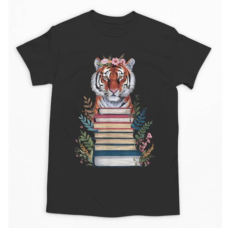 Cute Tiger With Book Floral Bookworm Librarian Book Lover Unisex T-Shirt
