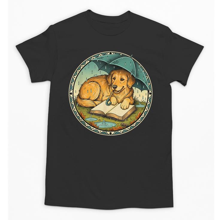 Dog Reading Book Rain Cozy Umbrella Cute Art Men Unisex T-Shirt