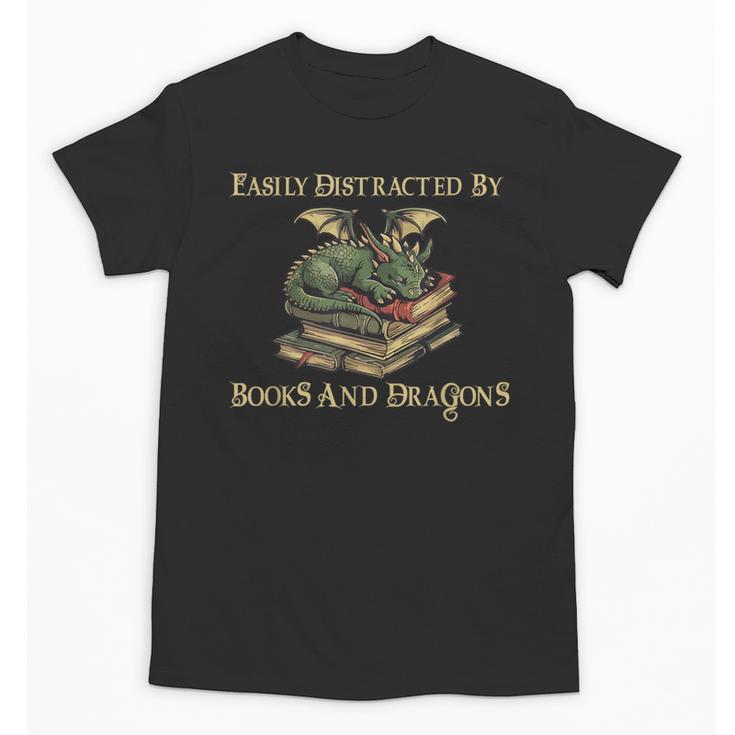 Easily Distracted By Books And Dragons Graphic Unisex T-Shirt