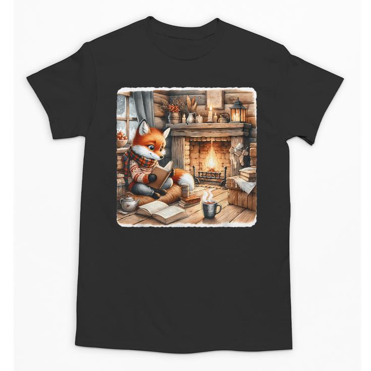 Fox Reads By Fireplace In Cabin Rustic Book Cozy Cup Tea Unisex T-Shirt
