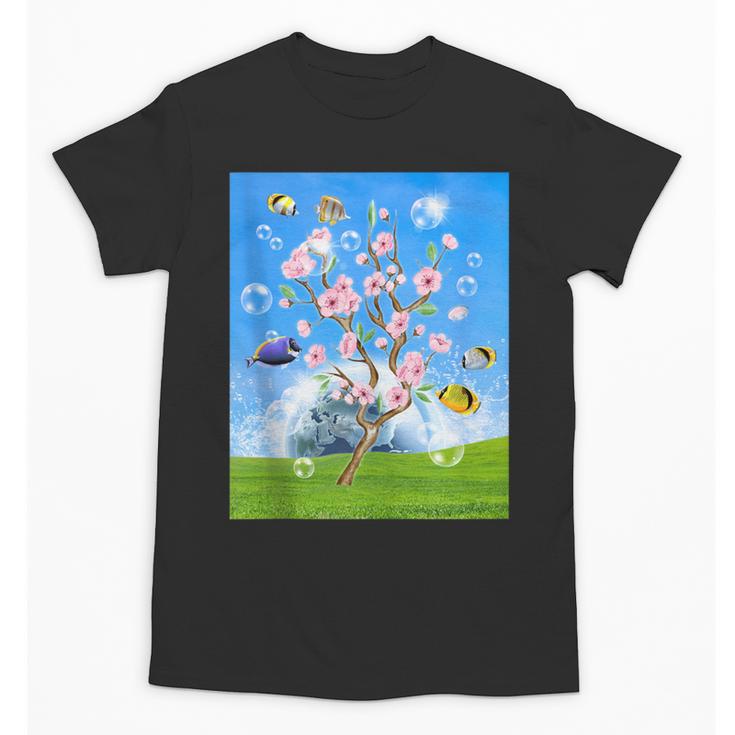 Frutiger Aero Aesthetic Tech Cherry Blossom Fishes Bubbles Unisex T-Shirt