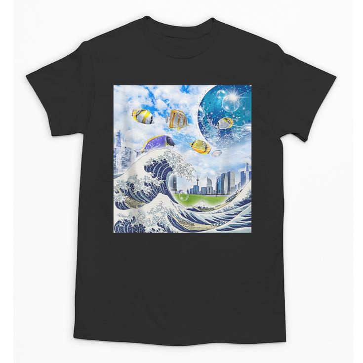 Frutiger Aero Aesthetic Tech Great Wave Of Kanagawa Fishes Unisex T-Shirt