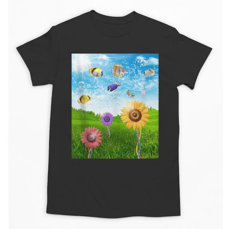 Frutiger Aero Aesthetic Tech Scenery Fishes Sunflower Unisex T-Shirt