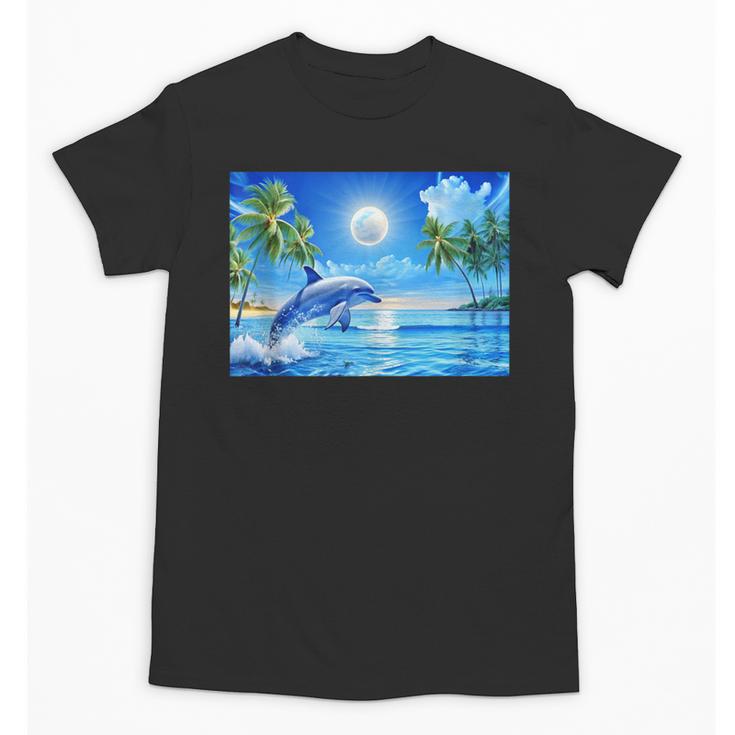 Frutiger Aero Dolphin Sunset Ocean With Palm Trees Y2k Unisex T-Shirt